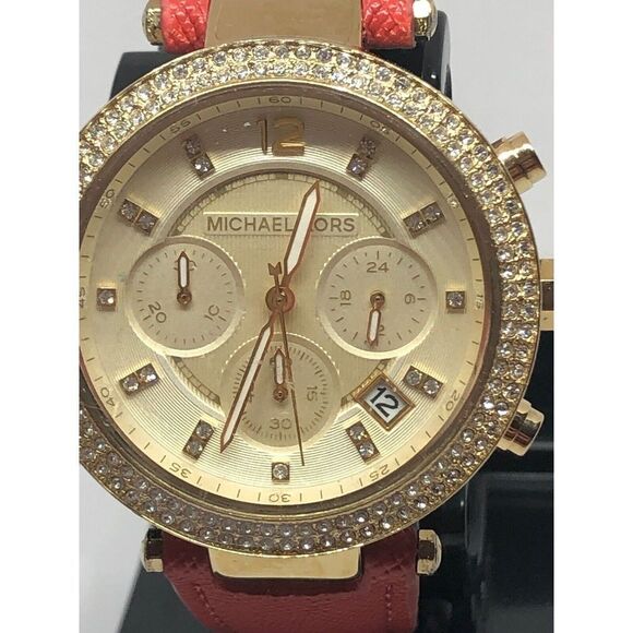 MICHAEL MK5632 Women's Red Leather Analog Rose Dial Quartz Wrist Watch KG335 - Picture 2 of 12